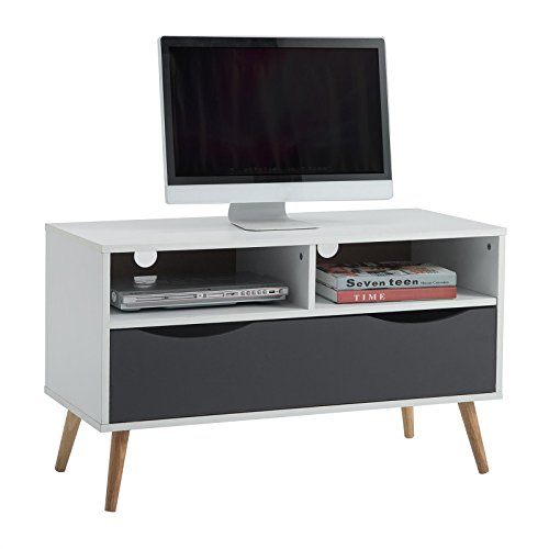 TV Rack Lowboard GENOVA Hifi Möbel Fernsehtisch Beistelltisch Wohnzimmertisch, 2 Fächer, 1 Schublade, weiß/grau foliert