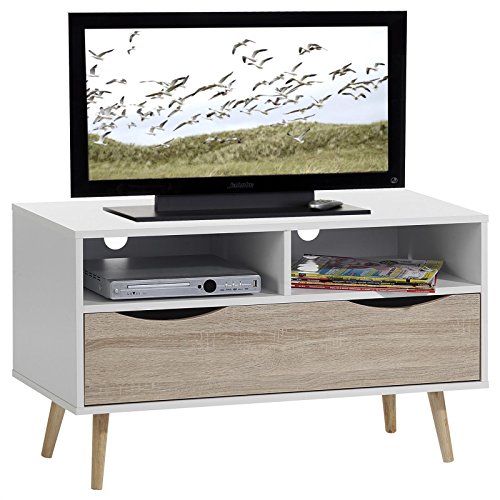 TV Rack Lowboard Hifi Möbel Fernsehtisch Beistelltisch Wohnzimmertisch GENOVA, 2 Fächer, 1 Schublade weiß/Sonoma foliert