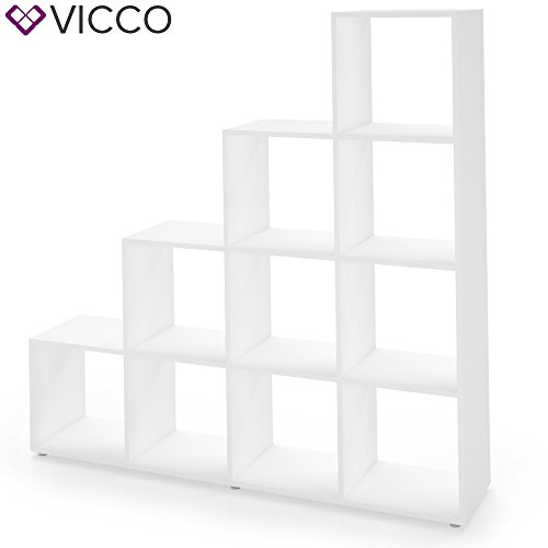 VICCO Treppenregal Weiß 10 Fächer - Raumteiler Stufenregal Bücherregal Aktenregal Standregal