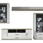 trendteam AA94741 Wohnwand Wohnzimmerschrank weiss Hochglanz, Absetzungen Eiche sägerau hell, BxHxT 355x199x47 cm