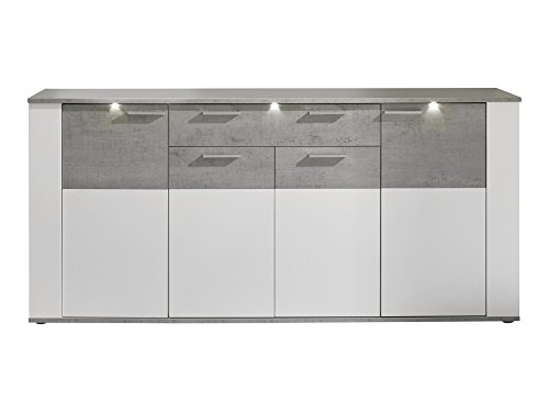 trendteam PR Sideboard Kommode Wohnzimmerschrank | Weiß | Grau (Betonoptik) | 184 x 86 cm | Inkl. LED Beleuchtung