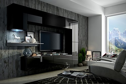 FUTURE 6 Moderne Wohnwand, Exklusive Mediamöbel, TV-Schrank, Neue Garnitur, Große Farbauswahl (RGB LED-Beleuchtung Verfügbar) (Schwarz MAT base / Schwarz HG front, RGB)