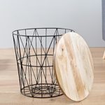 Moderner Couchtisch Beistelltisch STORAGE 42 cm aus Metall schwarz Holzdeckel aus Mangoholz Korb Aufbewahrung Tisch mit Mango Holz Ablage Aufbewahrungskorb