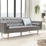 SalesFever® Designer Schlafsofa, Couch mit Schlaffunktion, Stoff Grau, Holz Eiche, FSC® 100% zertifiziert