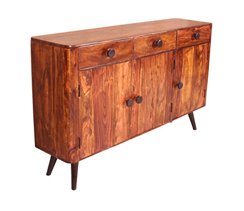 Side-Board natur aus Sheesham-Holz mit 3 Türen und 3 Schubladen 140x38x85 cm | Nub | Kommode mit Metallbeinen in antik-schwarz 3-türig 140cm x 38cm x 85cm