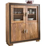 WOHNLING Design Sideboard KARAN Sheesham Massivholz mit Kunstleder 120x35x140 cm | Vitrine mit Glastüren | Highboard im rustikalen Landhausstil