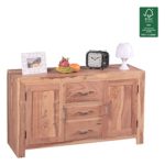Wohnling Sideboard Massivholz Kommode 118 cm 3 Schubladen 2 Türen Design Highboard Landhaus-Stil natur Echt-Holz Schubladenkommode Natur-Produkt Flur-Möbel Aufbewahrung Dielen-Möbel braun