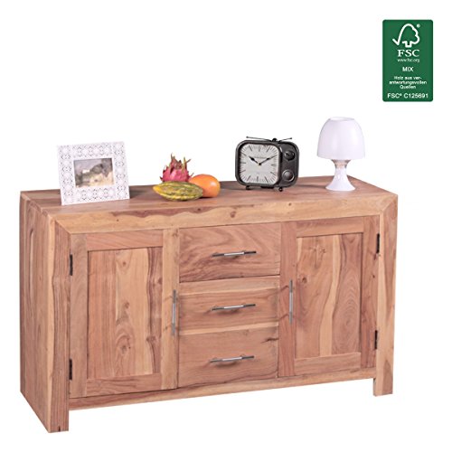 Wohnling Sideboard Massivholz Kommode 118 cm 3 Schubladen 2 Türen Design Highboard Landhaus-Stil natur Echt-Holz Schubladenkommode Natur-Produkt Flur-Möbel Aufbewahrung Dielen-Möbel braun