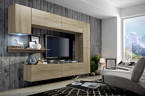 FUTURE 6 Moderne Wohnwand, Exklusive Mediamöbel, TV-Schrank, Neue Garnitur, Große Farbauswahl (RGB LED-Beleuchtung Verfügbar) (Sonoma, Weiß LED)