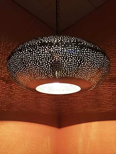 Orientalische Lampe Pendelleuchte Silber Qytura 42cm E27 Lampenfassung | Marokkanische Design Hängeleuchte Leuchte aus Indien | Orient Lampen für Wohnzimmer, Küche oder Hängend über den Esstisch