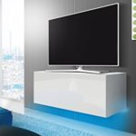 TV Schrank Lowboard Hängeboard SIMPLE mit LED Blau (Weiß Matt / Weiß Hochglanz 100 cm)