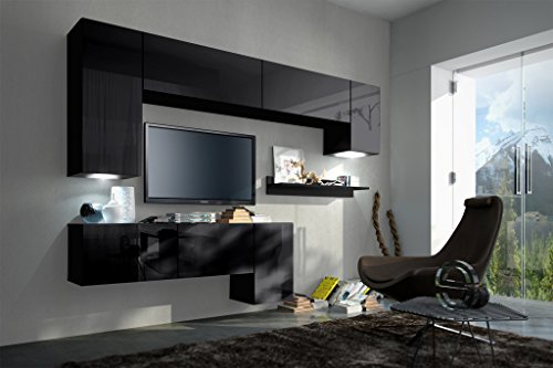 FUTURE 5 Moderne Wohnwand, Exklusive Mediamöbel, TV-Schrank, Neue Garnitur, Große Farbauswahl (RGB LED-Beleuchtung Verfügbar) (Schwarz MAT base / Schwarz HG front, RGB)