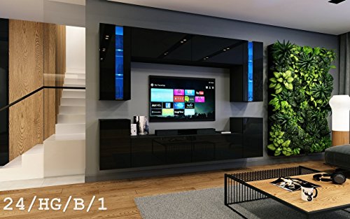 Wohnwand FUTURE 24 Moderne Wohnwand, Exklusive Mediamöbel, TV-Schrank, Neue Garnitur, Große Farbauswahl (RGB LED-Beleuchtung Verfügbar) (LED Blau, Schwarz Hochglanz)