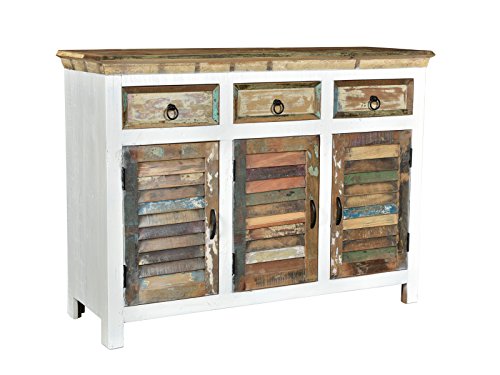 Woodkings Sideboard Perth weiß, 3türig, recyceltes Massivholz antik, Anrichte vintage, Design Kommode 3 Schubladen, Holzmöbel