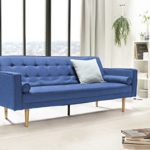 SalesFever® Designer Schlafsofa, Couch mit Schlaffunktion, Stoff Blau, Holz Eiche, FSC® 100% zertifiziert