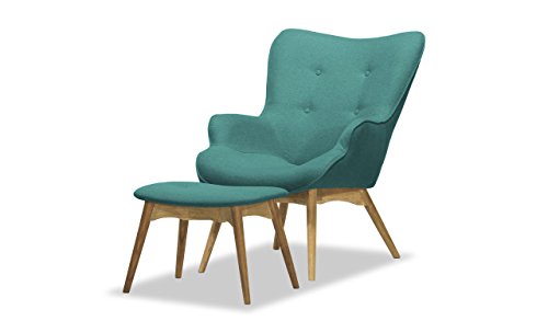 Retro Sessel mit Hocker, Ohrensessel, Eiche Farbe , Vintage - verschiedene Farben (Hellblau - Ontario 83)