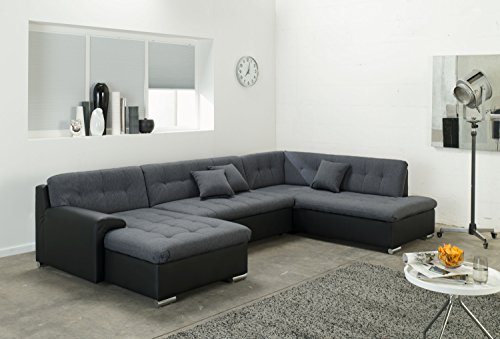 Wohnlandschaft, Couchgarnitur U-Form, ROCKY mit Schlaffunktion 325 x205cm schwarz/grau, Ottomane rechts