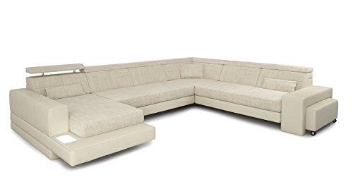 Couch Sofa XXL Wohnlandschaft U-Form Leder Stoff weiß creme Designsofa Ecksofamit LED-Licht Beleuchtung IMOLA