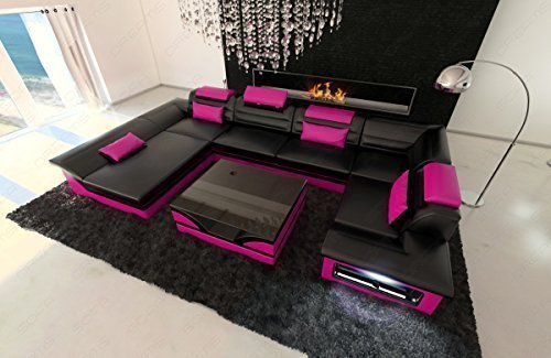 Luxus Wohnlandschaft Enzo U-Form LED schwarz - pink