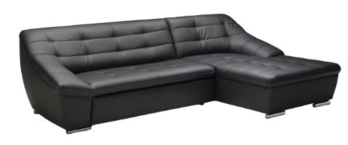Cavadore Ecksofa Lucas / Kunstleder-Couch mit Steppung und Schlaffunktion / Longchair rechts / 287 x 81 x 165 (BxHxT) / Kunstleder schwarz