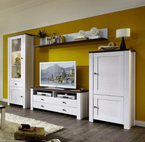 Stella Trading ANLL711080 Wohnzimmerschrank Wohnwand Anbauwand TV Wohnlösung mit LED Beleuchtung, Holz, weiß, 40.0 x 300.0 x 203.0 cm