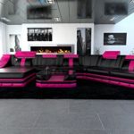 XXL Wohnlandschaft Turino CL Form schwarz-pink Sofa Couch Ecksofa Ledersofa Designersofa Ledercouch LED Licht beleuchtung Kopfstützen uvm.