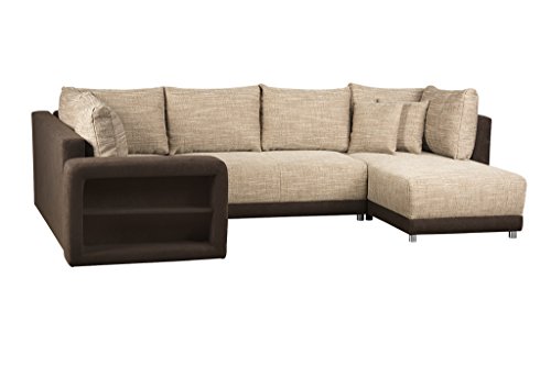 Sofa U Form / Federkern Couch mit Bettfunktion und Bettkasten / Ottomane rechts o. links montierbar / Strukturstoff und Microfaser / Mit Regal in Armlehne / Cappuccino / 298 x 190 x 69 cm (B x T x H)