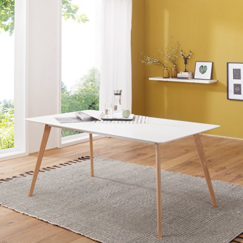 FineBuy Esszimmertisch aus MDF Holz | Esstisch mit Tischplatte in weiß | Robuster Küchen-Tisch im Retro Stil | Holz-Tisch in skandinavischem Design | Untergestell in Eschefurnier