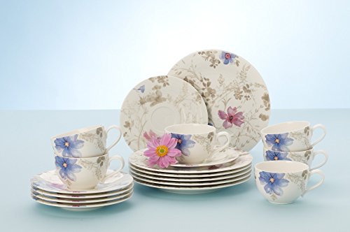 Villeroy & Boch Mariefleur Gris Basic Kaffee Set/Elegantes Geschirr aus Porzellan mit Blumenmuster/18 teilig für 6 Personen
