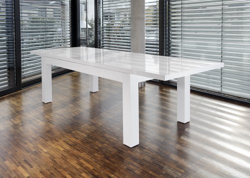 Ess-Tisch weiß Hochglanz ausziehbar aus MDF 180x90 cm recht-eckig | Luca | Moderner Küchen-Tisch weiss ausziehbar auf 260cm x 90cm | Ausziehtisch Hochglanz weiß lackiert | Designer Esszimmertisch mit Funktion strahlend weiß lackiert