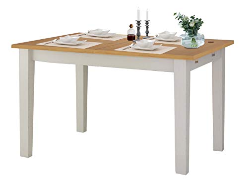 Loft24 Tavian Esstisch Esszimmertisch ausziehbar 120-160 cm Küchentisch Holztisch Esszimmer Landhaus Kiefer Holz weiß honig