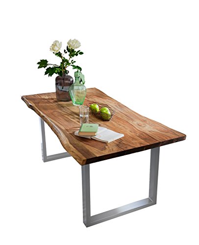 SAM® Stilvoller Esszimmertisch Quarto 160 x 85 cm, nussbaumfarbig, Akazienholz-Tisch mit Silber lackierten Beinen, Baum-Tisch mit naturbelassener Optik