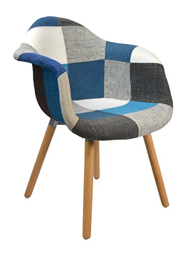 ts-ideen Design Klassiker Patchwork Sessel Retro 50er Jahre Barstuhl Wohnzimmer Büro Küchen Stuhl Esszimmer Sitz Holz Stoff bunt blau