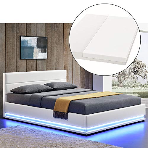 ArtLife LED Polsterbett Toulouse 140 × 200 cm mit Matratze, Lattenrost & Bettkasten - Kunstleder Bezug & Holz Gestell - weiß - Bett Jugendbett