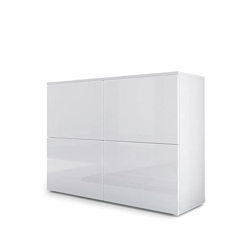 Vladon Sideboard Rova, Kommode mit 4 Türen, Weiß matt/Weiß Hochglanz/Weiß Hochglanz (92 x 72 x 35 cm)