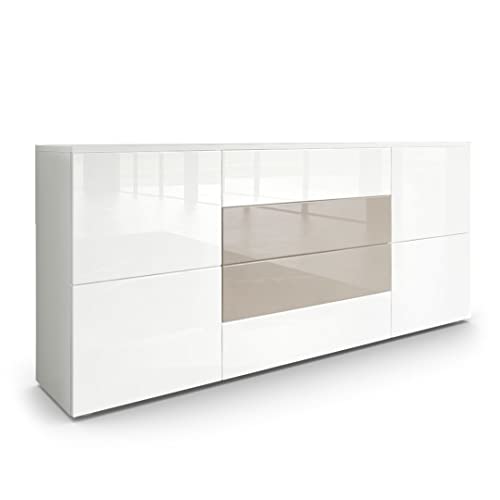 Vladon Sideboard Rova, Kommode mit 4 Türen und 4 Schubladen, Weiß matt/Weiß Hochglanz/Sandgrau Hochglanz (166 x 72 x 35 cm)