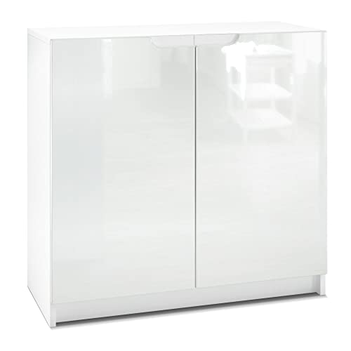 Vladon Sideboard Logan, Kommode mit 2 Türen, Weiß matt/Weiß Hochglanz (82 x 78 x 37 cm)