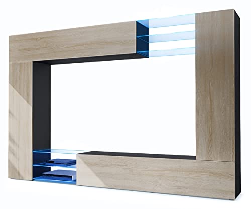 Vladon Wohnwand Mirage, Anbauwand mit Rückwand mit 2 Türen, 2 Klappen und 6 offenen Glasablagen, Schwarz matt/Eiche Sägegrau, inkl. LED-Beleuchtung (262 x 183 x 39 cm)