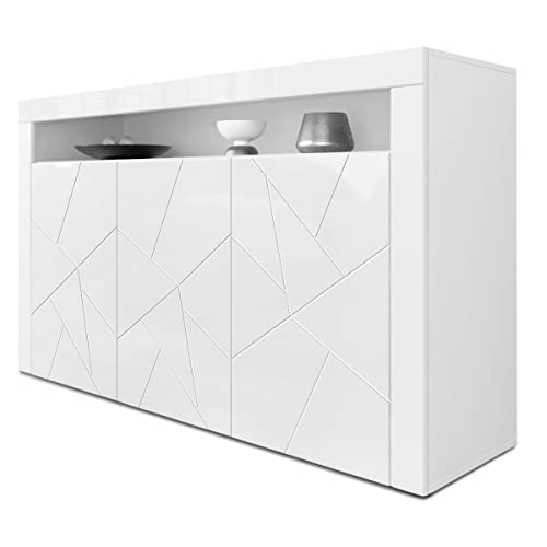 Vladon Sideboard Valencia, Kommode mit 3 Türen und 1 offenem Fach, Weiß Matt/Weiß Hochglanz Element mit 3D Struktur/Weiß Hochglanz (155 x 92 x 40 cm)