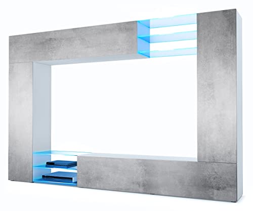 Vladon Wohnwand Mirage, Anbauwand mit Rückwand mit 2 Türen, 2 Klappen und 6 offenen Glasablagen, Weiß matt/Beton Oxid-Optik, inkl. LED-Beleuchtung (262 x 183 x 39 cm)