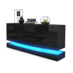 Vladon Sideboard Kommode City, Korpus in Schwarz matt/Fronten in Schwarz Hochglanz inkl. LED Beleuchtung