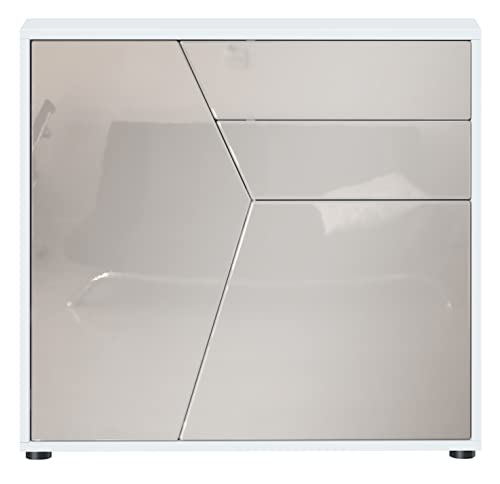 Vladon Sideboard Benny, Kommode mit 2 Türen und 2 Schubladen, Weiß matt/Sandgrau Hochglanz (79 x 74 x 36 cm)