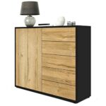 Vladon Sideboard Ben V2, Kommode mit 1 Tür und 5 Schubladen, Schwarz matt/Eiche Natur (79 x 74 x 36 cm)