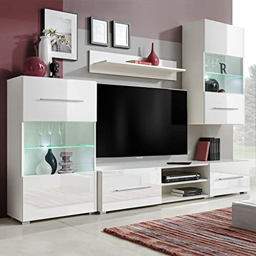 Hommdiy Fünfteilige Wohnwand TV-Schrank mit LED-Beleuchtung Weiß