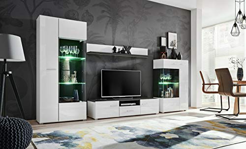 Moderne Wohnwand Anbauwand Solo Schrankwand mit Led Beleuchtung TV Board 10 (Kiefer Schwarz+Weiß MDF Hochglanz)