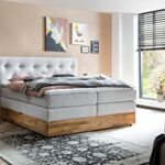 Belanoti MARBO Boxspringbett 180x200 mit Bettkasten 7-Zonen Taschenfederkern Matratze inklusive Visco Topper Bett 180x200 Eiche in der Farbe Weissgrau H2/H3 Polsterbett mit Massivholz Eiche