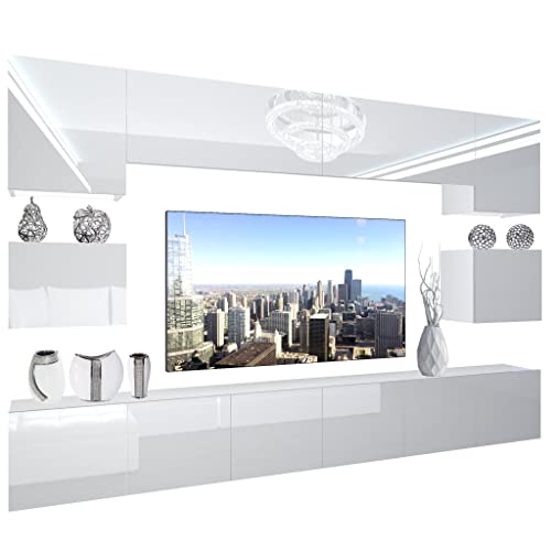 BELINI Wohnwand Vollausstattung Wohnzimmer-Set Moderne Schrankwand mit LED-Beleuchtung Anbauwand TV-Schrank Weiß